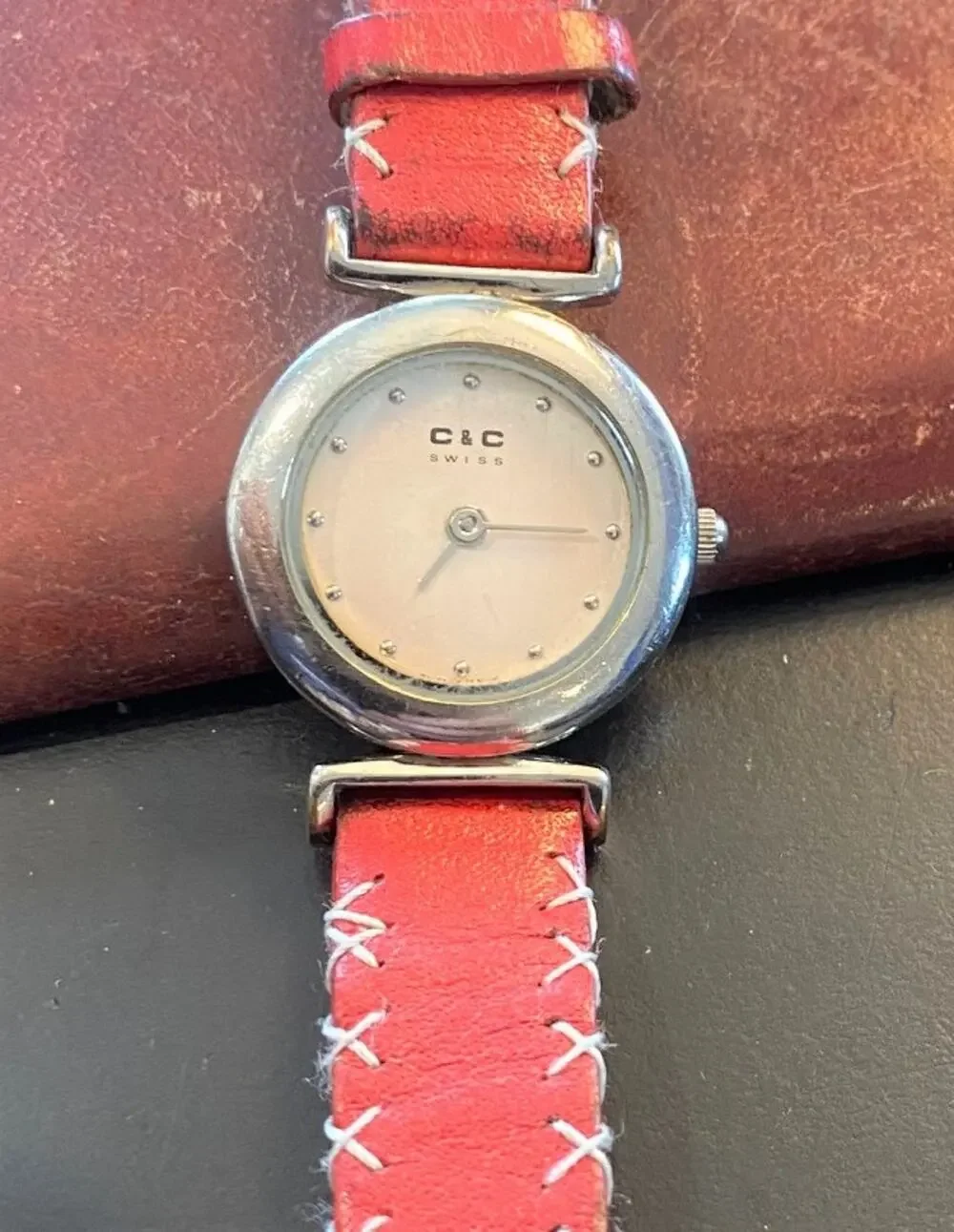 Women's 23mm Silver Tone C&C Swiss Watch, Red Leather Band